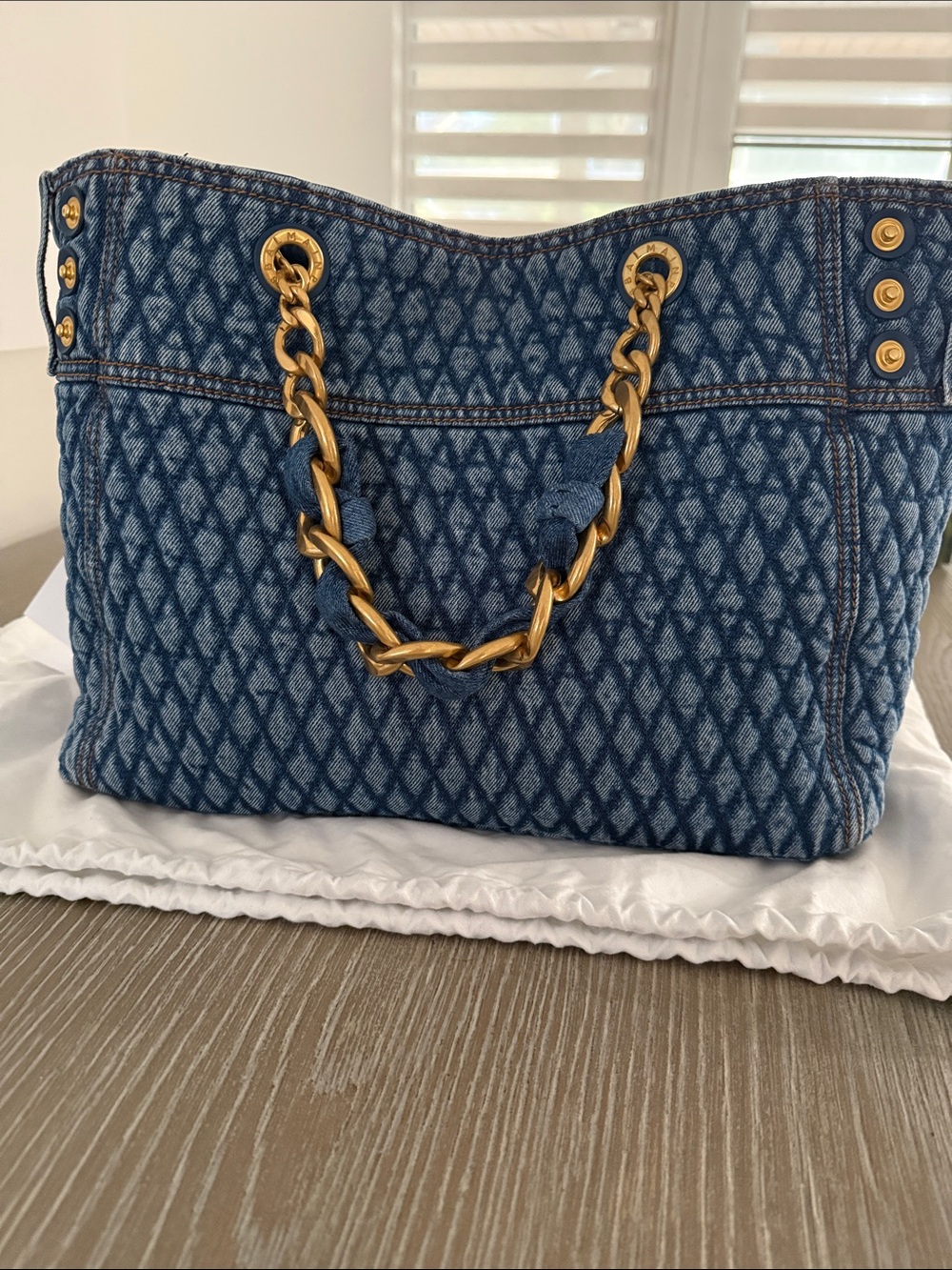 Balmain Denim Monogram Quilted Tote with Gold Chain - Picture 4 of 16